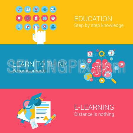 Education online learning concept flat icons set of hand cursor brain target e-learning online distance courses and vector web illustration website click infographics elements collection.