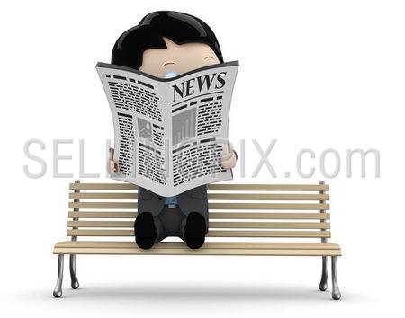 Hot news! Social 3D characters: businessman in suit reading newspaper on a bench. New constantly growing collection of expressive unique multiuse people images. Concept for news illustration.Isolated.
