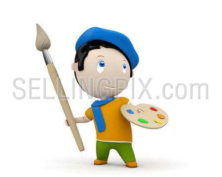 Artist at work! Social 3D characters: painter with brush and palette wearing beret and scarf. New constantly growing collection of expressive unique multiuse people images. Isolated.