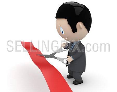 Unveiling! Social 3D characters: businessman in suit cutting red line with scissors. New constantly growing collection of expressive unique multiuse people images. Concept for opening illustration.