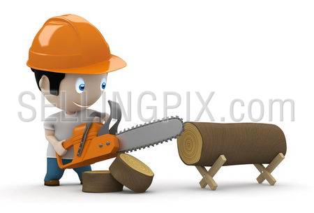 Lumberjack at work! Social 3D characters: woodcutter using saw to slice the trunk. New constantly growing collection of expressive unique multiuse people images. Concept logger illustration. Isolated.