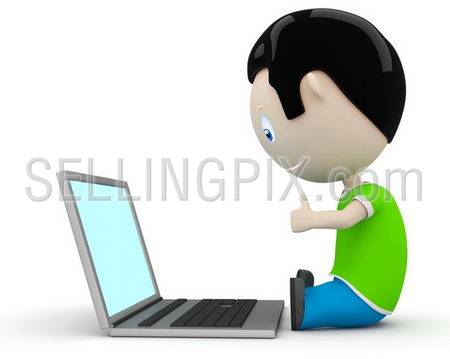 Like it! Social 3D characters happy smiling boy showing big finger to laptop. New constantly growing collection of expressive unique multiuse people images. Concept social like illustration. Isolated.