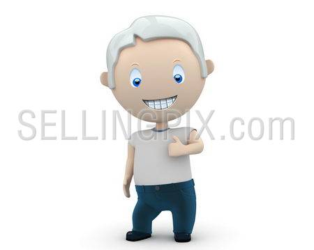 Like it! Social 3D characters: happy smiling man wearing jeans and t-shirt showing big finger. New constantly growing collection of expressive unique multiuse people images. Isolated.
