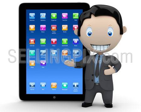 It’s touchpad era! Social 3D characters businessman in suit  pointing at the modern touch pad organizer device. New constantly growing collection of expressive unique multiuse people images. Isolated.