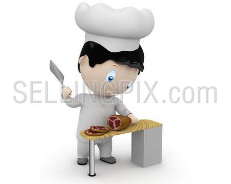 Cook at work! Social 3D characters happy smiling cook in uniform cutting ham. New constantly growing collection of expressive unique multiuse people images. Concept for cooking illustration. Isolated.