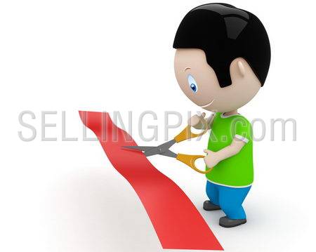 Unveiling! Social 3D characters: young man cutting red line with scissors. New constantly growing collection of expressive unique multiuse people images. Concept for opening illustration. Isolated.