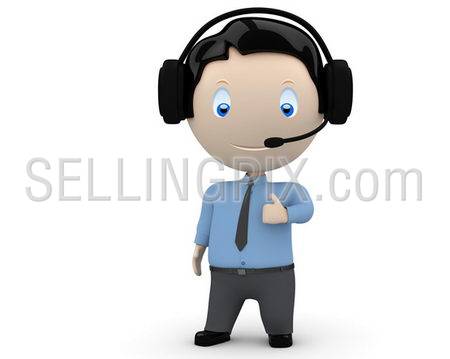Call center operator likes you! Social 3D characters man wearing headset, necktie and shirt showing big finger. New constantly growing collection of expressive unique multiuse people images. Isolated.
