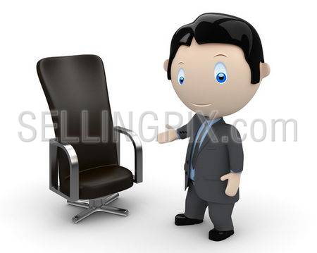 Welcome to your new place of work. Social 3D characters: businessman pointing at leather office chair (career). New constantly growing collection of expressive unique multiuse people images. Isolated.