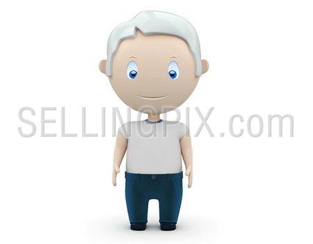 Senior. Social 3D characters: old man wearing jeans and t-shirt stands still. New constantly growing collection of expressive unique multiuse people images. Concept for aging illustration. Isolated.