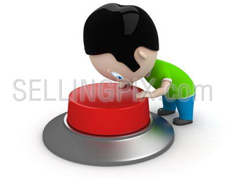 Start! Social 3D characters: boy pressing red button to start the process. New constantly growing collection of expressive unique multiuse people images. Concept for start illustration. Isolated.
