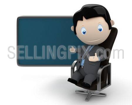 Place your text / logo / product on blank copyspace. Social 3D characters: businessman in suit sitting on leather office chair pointing at the blank rectangular space. New collection. Isolated.