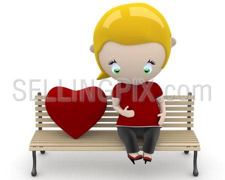 Love fruit! Social 3D characters: pregnant woman on a bench with heart sign. New constantly growing collection of expressive unique multiuse people images. Concept for family illustration. Isolated.