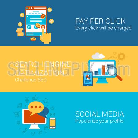 SEO SMM online advertisement concept flat icons set pay per click interface search engine optimization social media marketing vector web illustration website click infographics elements collection.