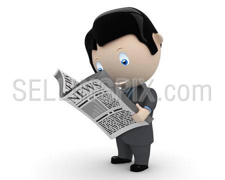 Hot news! Social 3D characters: businessman in suit reading newspaper. New constantly growing collection of expressive unique multiuse people images. Concept for news illustration. Isolated.