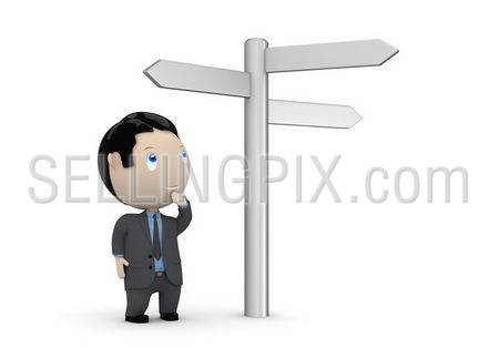 Make your choice! Social 3D characters: businessman looking at crossroads blank plates sign. New constantly growing collection of multiuse images. Concept for making decision illustration. Isolated.
