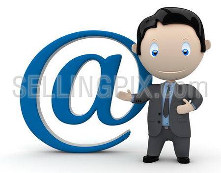 Mail me. Social 3D characters businessman in suit pointing to the email sign. New constantly growing collection of expressive unique multiuse people images. Concept for e-mail illustration. Isolated