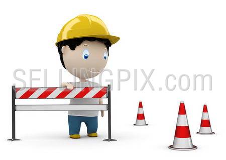 Web site under construction! Social 3D characters: man on road by the barrier and under construction cones. New constantly growing collection. Concept for under construction illustration. Isolated.