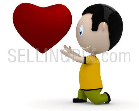 Oh my love, you are my sun! Social 3D characters: boy stretching hands to the heart shape. New constantly growing collection. Concept for love, relationship, Valentine illustration. Isolated.