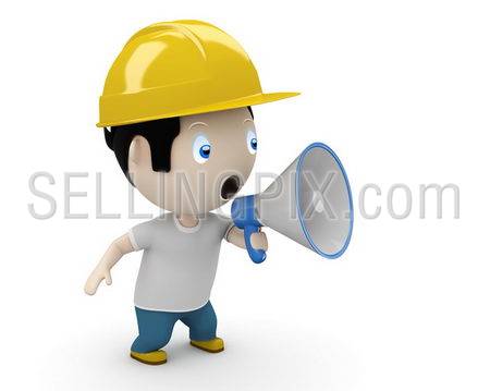 Announcement! Social 3D characters: man shouting into megaphone making loud noise. New constantly growing collection of multiuse people images. Concept for warning / caution illustration. Isolated.