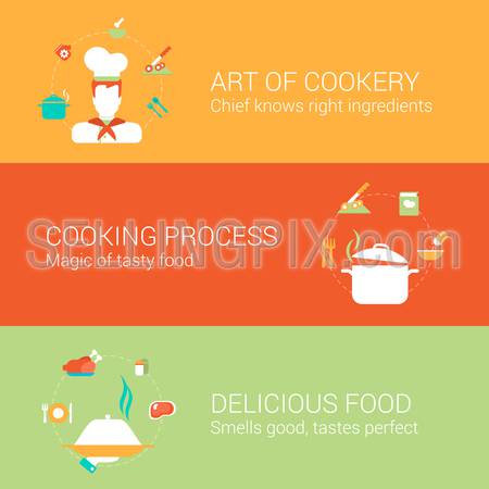 Creative cooking concept flat icons set of meal restaurant kitchen art cookery chief process delicious food and vector web illustration website click infographics elements collection.