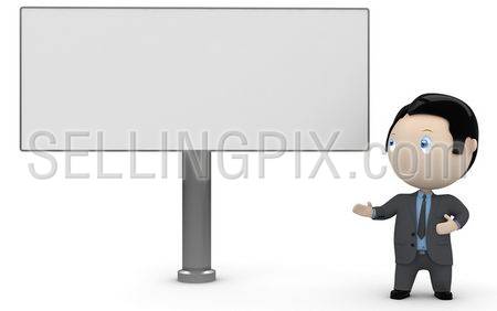 Place your text / logo / product on a blank board copyspace. Social 3D characters: businessman in suit  pointing at the blank rectangular space. New collection. Concept for multiuse illustration.