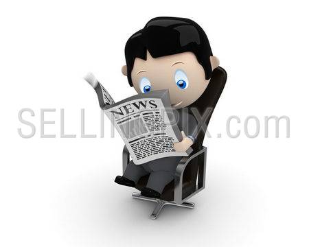Hot news! Social 3D characters: businessman in suit reading newspaper on a leather office chair. New constantly growing collection of multiuse people images. Concept for news illustration. Isolated.