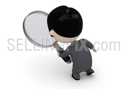 Search process! Social 3D characters: businessman with loupe searching. New constantly growing collection of expressive unique multiuse people images. Concept for search engine illustration. Isolated.