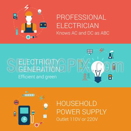 Electricity service concept flat icons set of professional electrician efficient green power generation household supply outlet vector web illustration website click infographics elements collection.