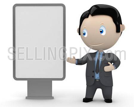 Place your text / logo / product on a blank citylight copyspace. Social 3D characters: businessman in suit  pointing at the blank rectangular space. Concept for multiuse illustration.