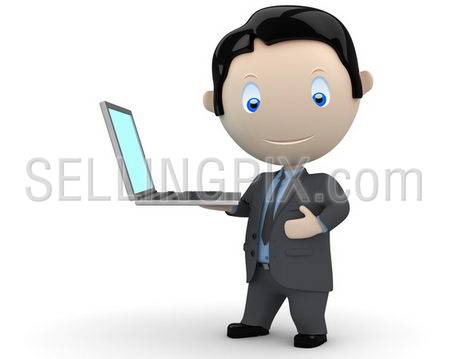 Presentation! Social 3D characters: happy smiling businessman presents notebook on his palm. New constantly growing collection of people images. Concept for computer generation illustration. Isolated.