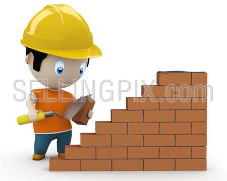 Under construction! Social 3D characters: man using trowel to place the brick. New constantly growing collection of expressive people images. Concept for construction process illustration. Isolated.