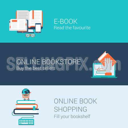 Online books concept flat icons set of e-book reader online bookstore shopping and vector web illustration website click infographics elements collection.