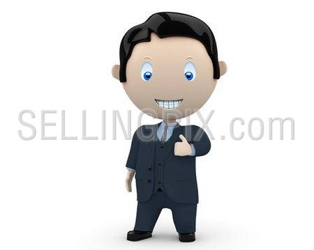 I like it! Social 3D characters: happy smiling businessman in suit showing big finger. New constantly growing collection of multiuse people images. Concept for social like illustration. Isolated.