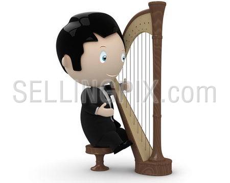 Musician at play! Social 3D characters: young man wearing tailcoat plays harp. New constantly growing collection of multiuse people images. Concept for arts and entertainment illustration. Isolated.