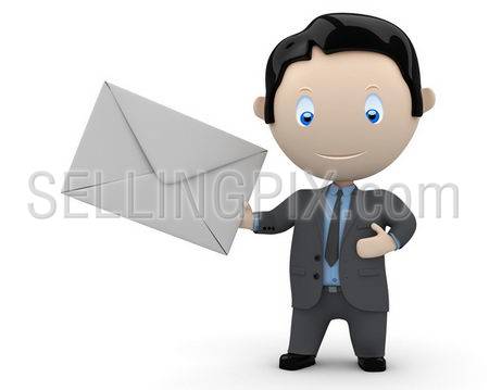 You have new email message. Social 3D characters: businessman holds mail envelope. New constantly growing collection of expressive multiuse people images. Concept for e-mail illustration. Isolated.