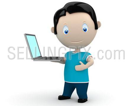 It’s laptop time! Social 3D characters: happy young man presents notebook on his palm. New constantly growing collection of people images. Concept for computer generation illustration. Isolated.