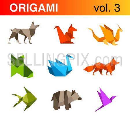 Origami animals logo template set 3:Dog, squirrel, dragon, fox, swan, fish, bear, bird icons.Vector.