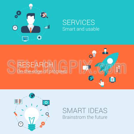 Business research services idea concept flat icons set of idea start up rocket develop launch lamp bulb brainstorming and vector web illustration website click infographics elements collection.