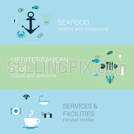 Seafood mediterranean food restaurant service concept flat icons set of anchor sea animals fish lobster crab sushi roll wine and vector web illustration website click infographics elements collection.