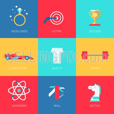 Flat human smart features sports competition design icons set excellence action success quality power movement skill tactics. Modern web click infographics style vector illustration concept collection.