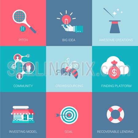 Flat start up business design icons set pitch big idea community funding platform investing model goal recoverable lending modern web click infographics style vector illustration concept collection.