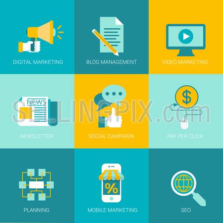 Flat online digital marketing business design icons set management video newsletter subscription social planning mobile seo modern web click infographics style vector illustration concept collection.