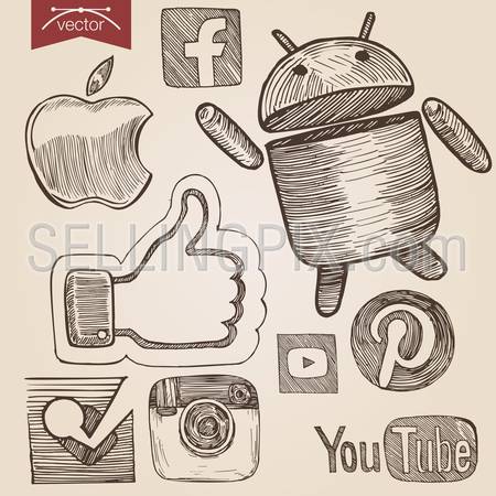 Engraving style crosshatch pen on paper sketch retro vintage vector lineart illustration set of social media icons. Apple, facebook, android, like sign, pinterest, YouTube, Instagram, Foursquare stylization.