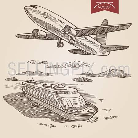 Engraving style pen pencil crosshatch hatching paper painting retro vintage vector lineart illustration transport set. Plane in the sky and cruise ship in ocean.