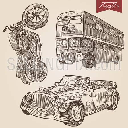 Engraving style pen pencil crosshatch hatching paper painting retro vintage vector lineart illustration road transport set. Motorbike, double dekker classic two floor bus and retro convertible cabrio car.