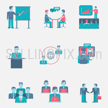 Flat icons set business people team group support presentation staff partnership web click infographics style vector illustration concept collection.