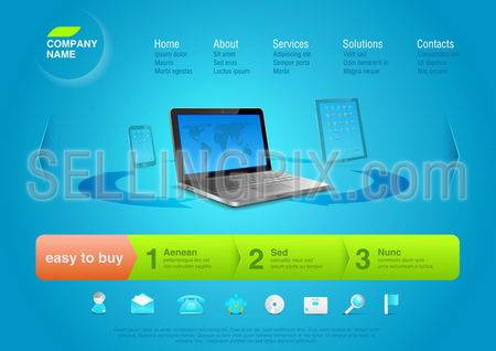 Website template: Notebook with touchpad & smartphone at the back. Business abstract online store. Editable.