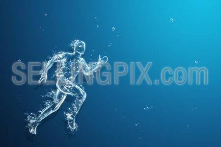 Running man liquid artwork on blue background. Athlete figure in motion made of water with falling drops. Water art collection.