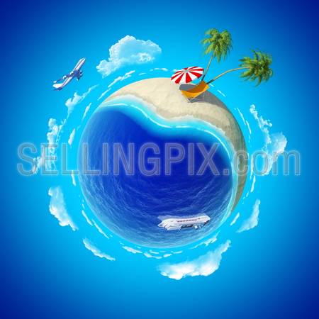 Mini planet concept. Hot tropical sand beach with palms, chaise longue and sun umbrella, ocean with cruise liner and aircraft in the sky. Travel / tourism concept. Earth collection.
