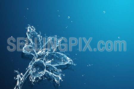 Flower blossom liquid artwork. Flower bud shape made of water with falling drops. Water art collection.